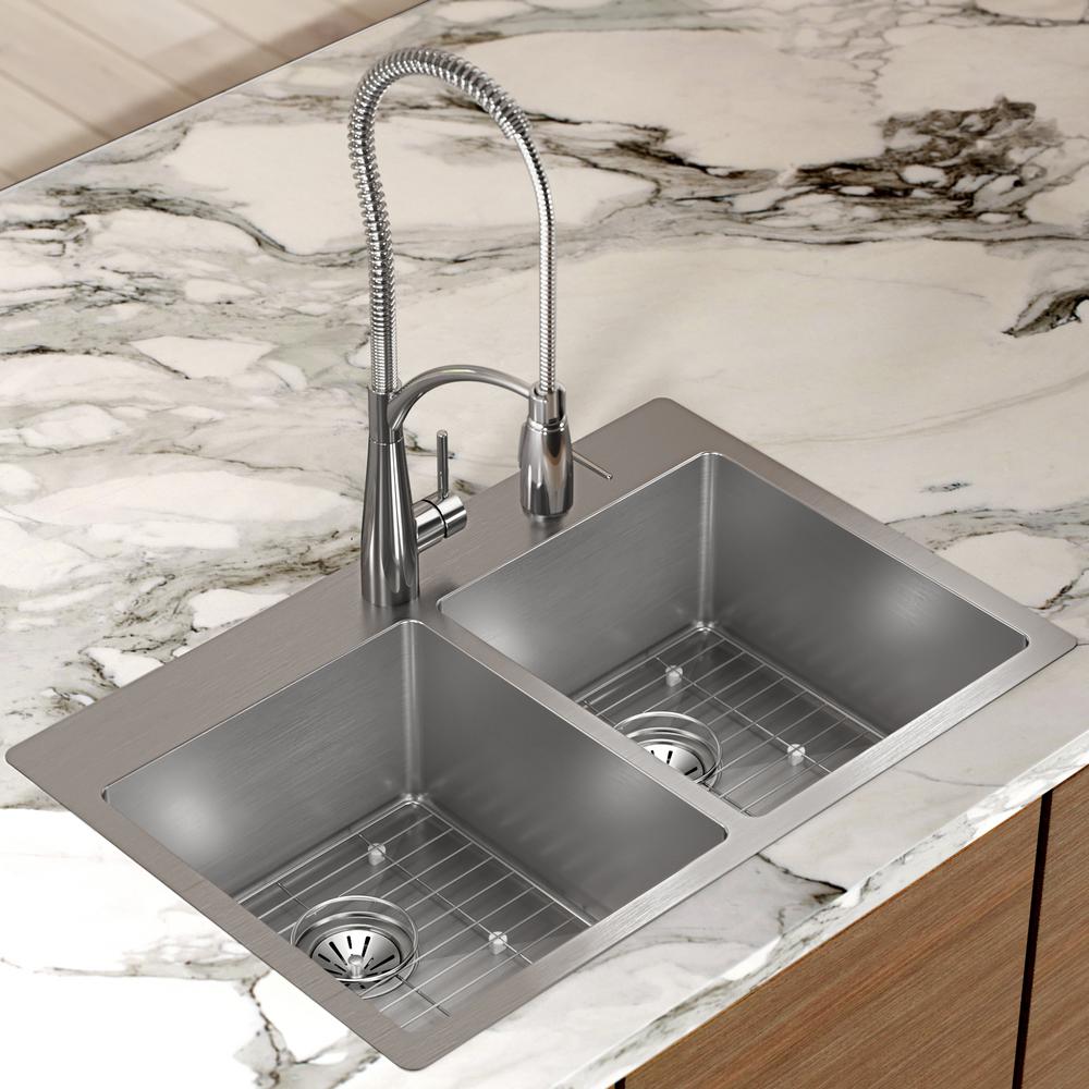 Crosstown Drop-In/Undermount Stainless Steel 33 in. 2-Hole Double Bowl Kitchen Sink with Bottom Grids - Super Arbor