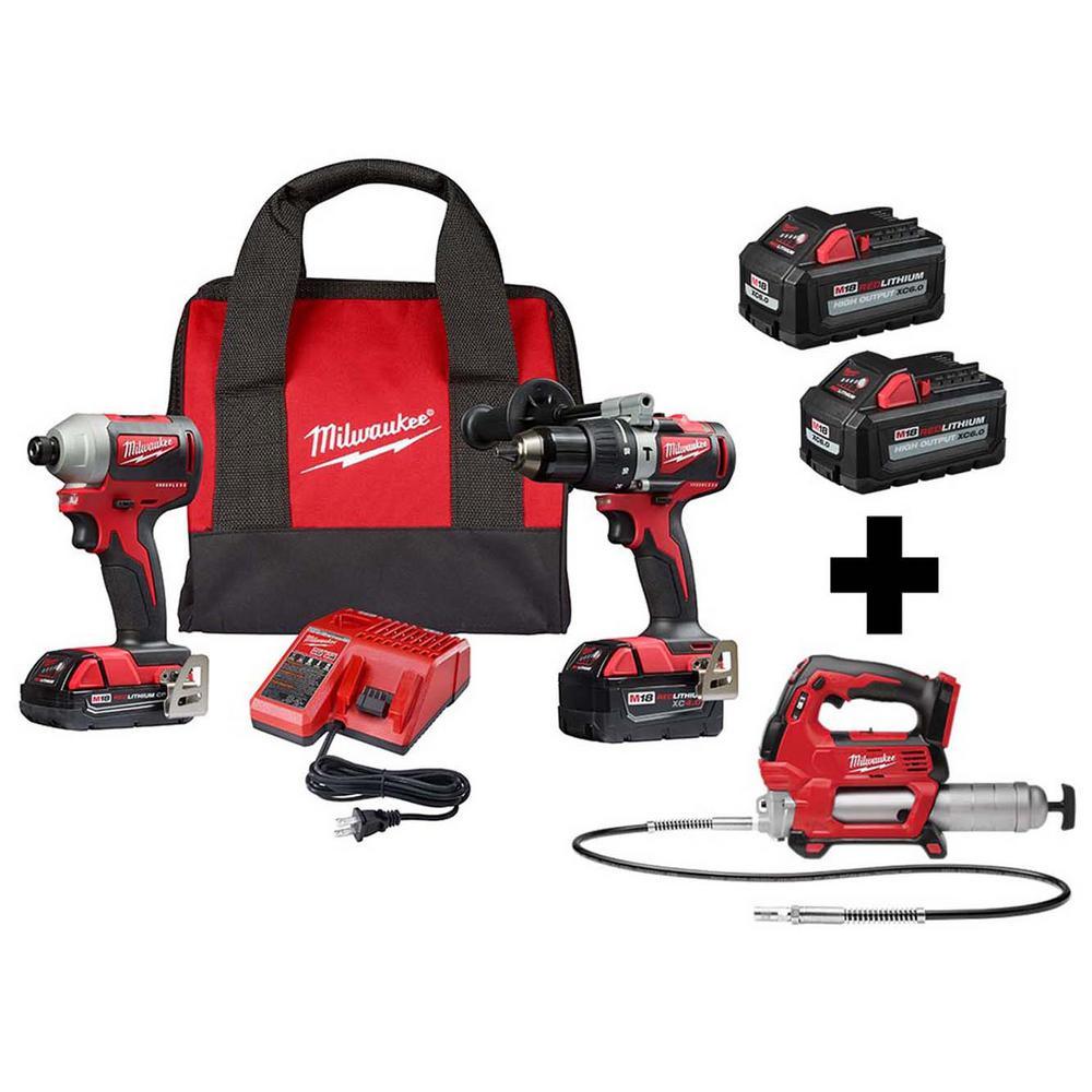M18 18-Volt Lithium-Ion Brushless Cordless Hammer Drill/Impact/Grease Gun Combo Kit (3-Tool) with 4-Batteries - Super Arbor