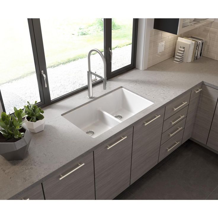 Glacier Bay Drop-in/Undermount Granite Composite 33 in. 1-Hole 50/50 Double Bowl Kitchen Sink with Low Divide White