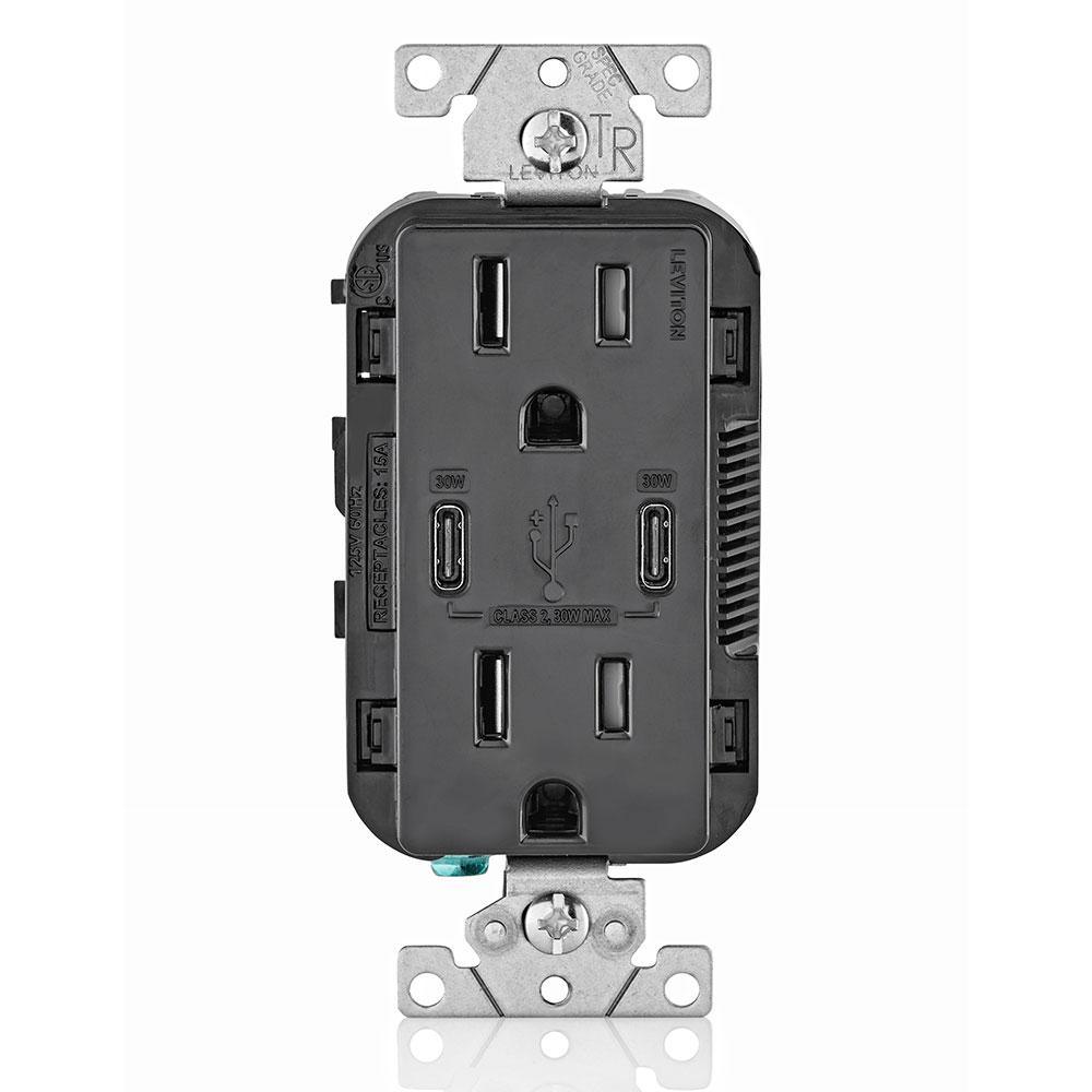 15 Amp 125-Volt Tamper-Resistant Duplex Outlet/30-Watt 6 Amp USB Dual Type-C with Power Delivery In-Wall Charger, White - Super Arbor