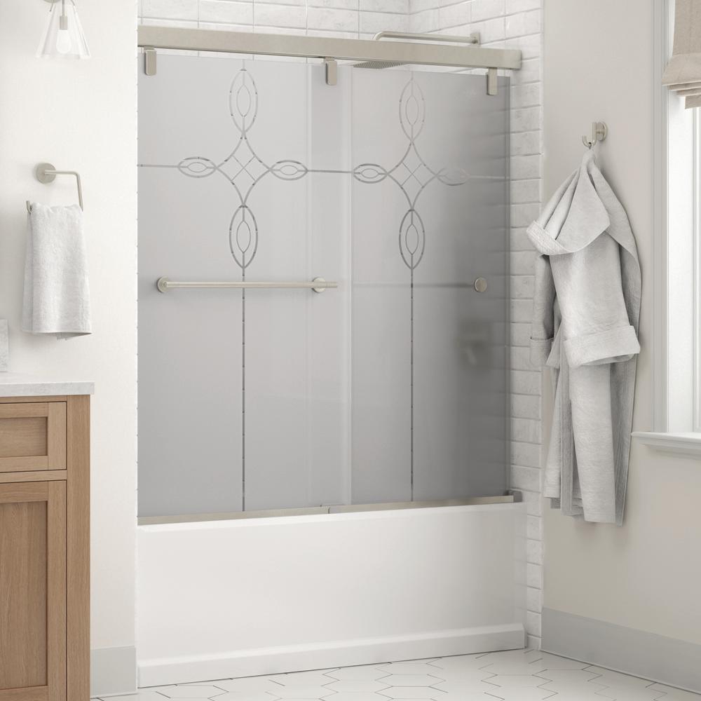 Everly 60 in. x 59-1/4 in. Mod Semi-Frameless Sliding Bathtub Door in Matte Black and 1/4 in. (6mm) Mozaic Glass - Super Arbor