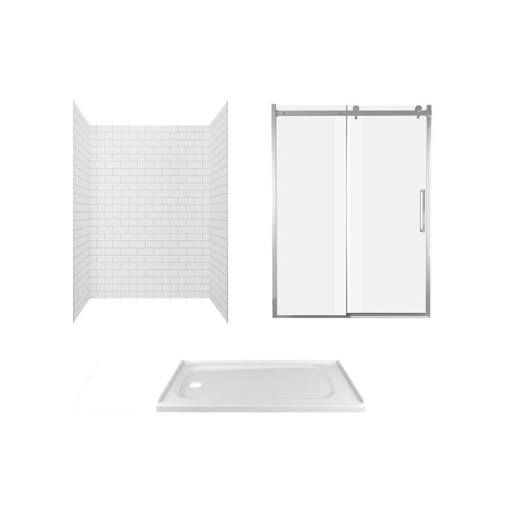 Passage 60 in. x 72 in. 3-Piece Glue-Up Alcove Shower Wall, Door and Base Kit with Left Hand Drain in Serene Marble - Super Arbor
