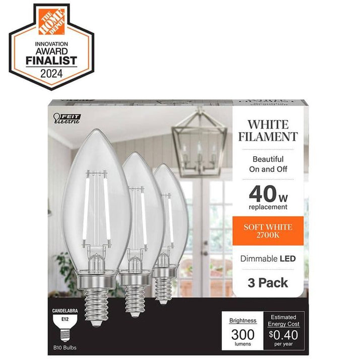 Feit Electric 40-Watt Equivalent B10 Dimmable Candelabra Clear Glass Vintage LED Light Bulb with Spiral Filament Warm White (12-Pack)