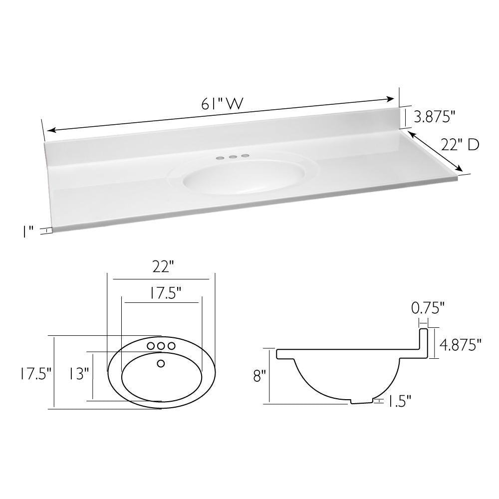 61 in. W Cultured Marble Vanity Top in Solid White with 4 in. Center Set Solid White Single Basin - Super Arbor