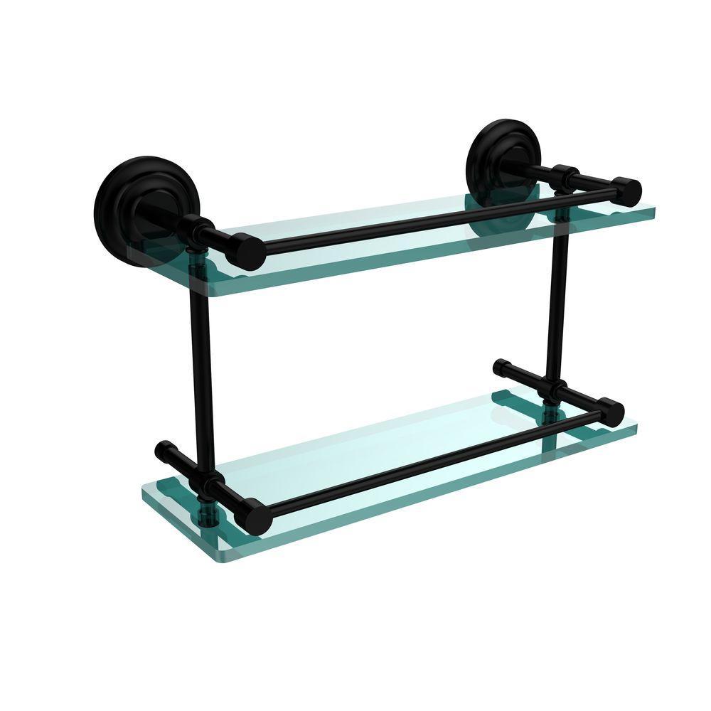 Que New 16 in. L x 8 in. H x 5 in. W 2-Tier Clear Glass Bathroom Shelf with Gallery Rail in Brushed Bronze - Super Arbor