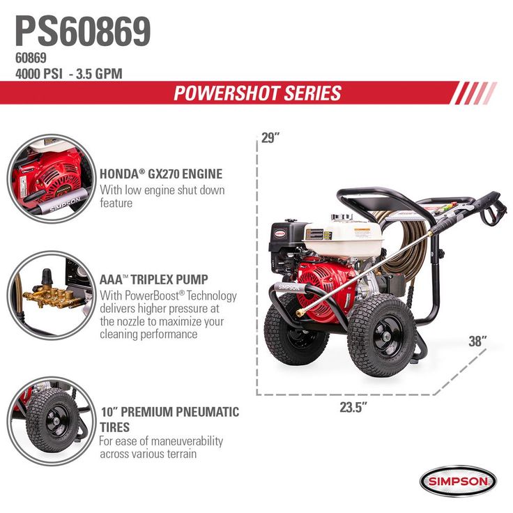 Simpson SIMPSON PowerShot PS60869 4000 PSI at 3.5 GPM HONDA GX270 Cold Water Pressure Waaher