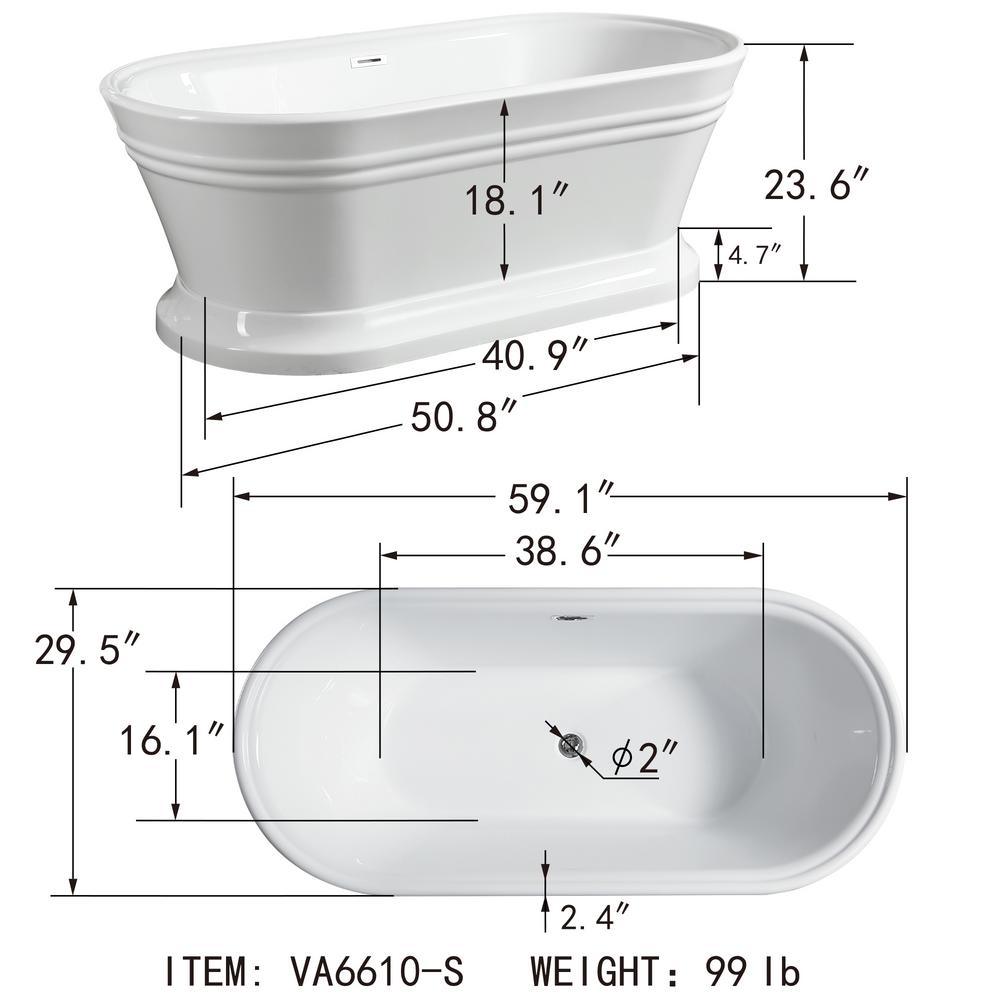Versailles 59 in. Acrylic Flatbottom Freestanding Bathtub in White - Super Arbor