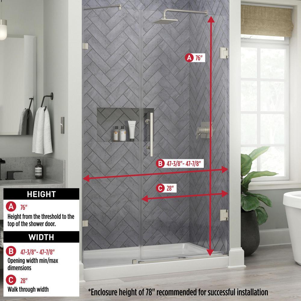 Ametrine 48 in. x 76 in. Heavy Frameless Hinge Shower Door in Brushed Nickel with 5/16 in. (8 mm) Clear Glass - Super Arbor