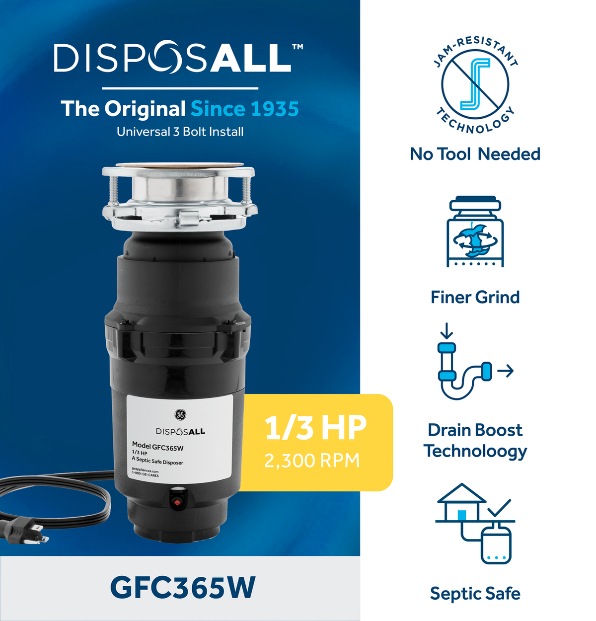 GE Disposall 1/3-HP Continuous Feed Garbage Disposer, Corded (Model GFC365W)