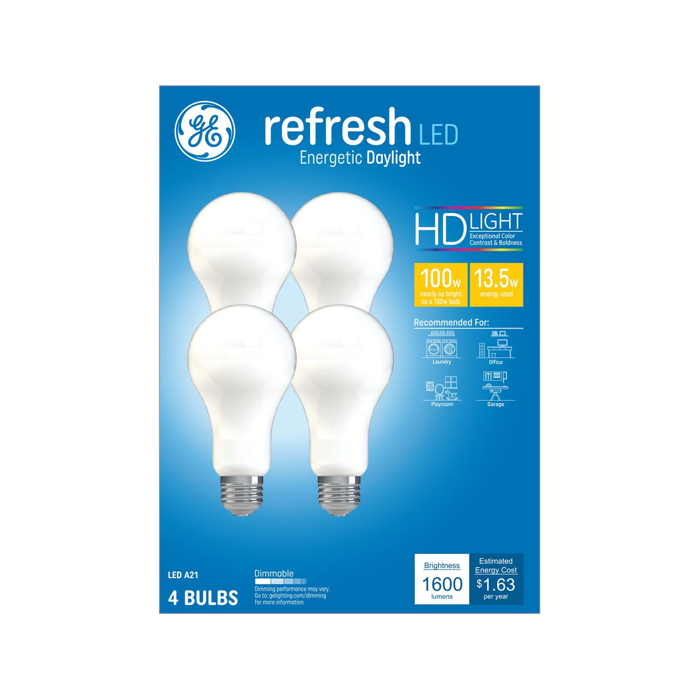 GE Refresh HD LED A21 Light Bulbs, 100W Replacement, 1600 Lumens, Daylight, Dimmable (4-Pack)