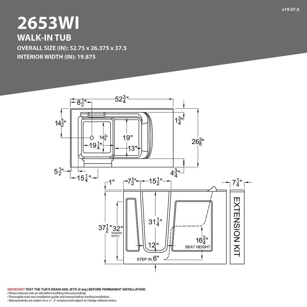 Safe Premier 52.75 in. x 60 in. x 26 in. Right Drain Walk-in Whirlpool Bathtub in White - Super Arbor