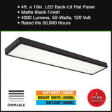 Commercial Electric 4 ft. x 10 in. Deco Matte Black Back-Lit Flat Panel LED Flush Mount 4000 Lumens 3000K 4000K 5000K Dimmable
