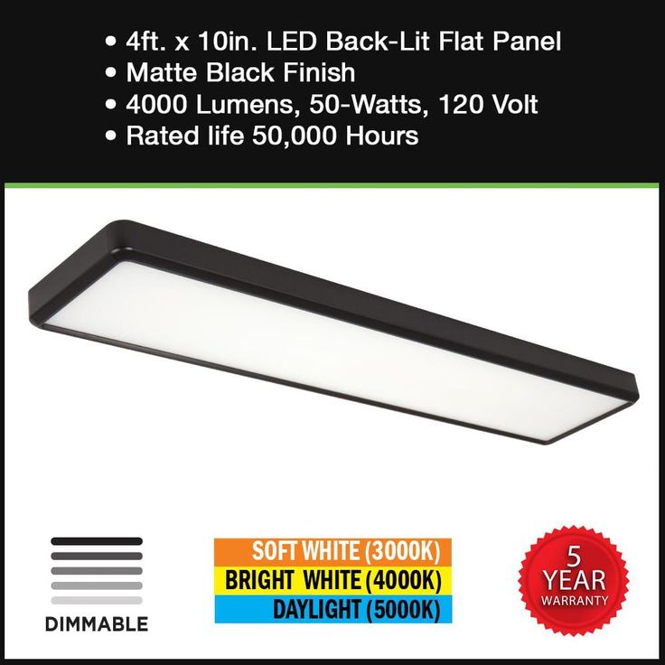 Commercial Electric 4 ft. x 10 in. Deco Matte Black Back-Lit Flat Panel LED Flush Mount 4000 Lumens 3000K 4000K 5000K Dimmable