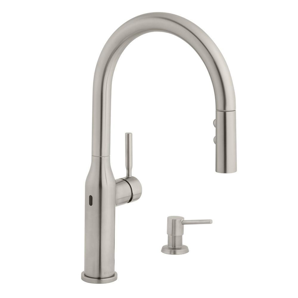 Upson Single-Handle Touchless Pull-Down Kitchen Faucet with TurboSpray and FastMount and Soap Dispenser in Stainless - Super Arbor