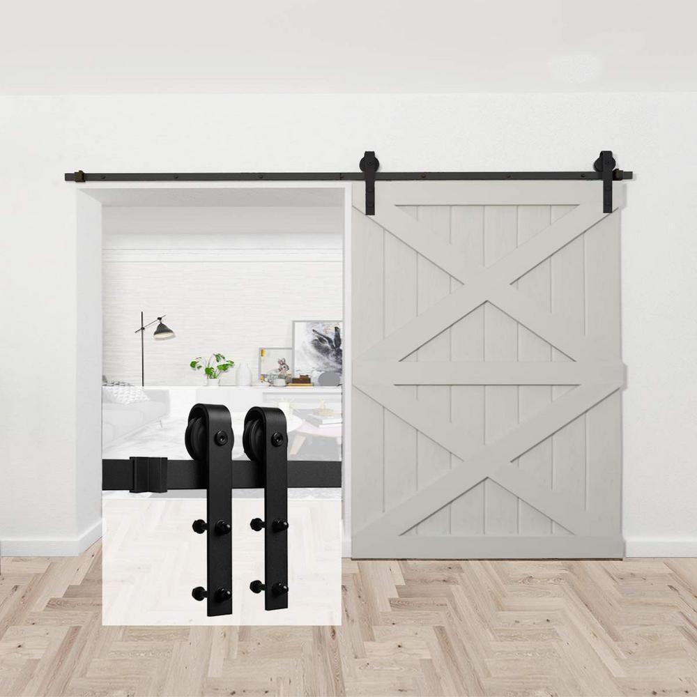 10 ft./120 in. Black Bent Strap Sliding Barn Door Track and Hardware Kit for Single Door with Floor Guide - Super Arbor