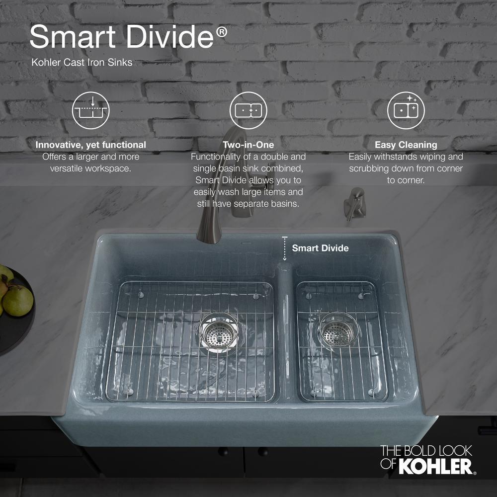 Whitehaven Farmhouse Undermount Apron Front Cast Iron 36 in. Double Bowl with Smart Divide Kitchen Sink in White - Super Arbor