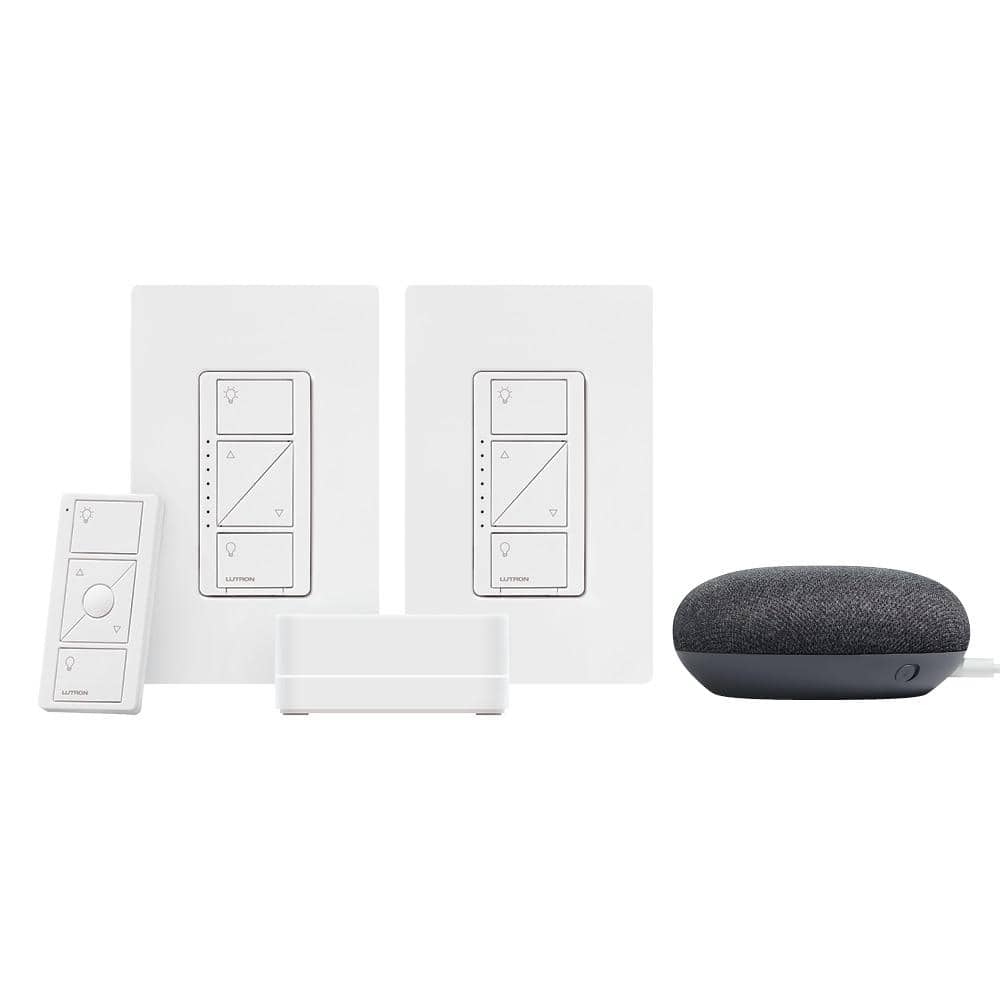 Lutron Caseta Smart Lighting Start Kit with Pico Remote, 2-Dimmer Switches, and Google Home Mini, Charcoal (CASETA-2DIM-GMCHCL)