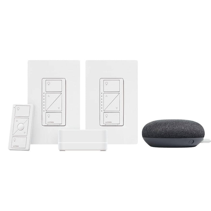 Lutron Caseta Smart Lighting Start Kit with Pico Remote, 2-Dimmer Switches, and Google Home Mini, Charcoal (CASETA-2DIM-GMCHCL)