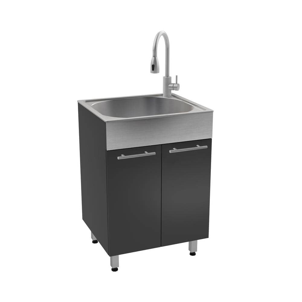 RUGGED TUB 24 in. Charcoal Utility Cabinet with Brushed Aluminum Apron & Stainless Steel Sink