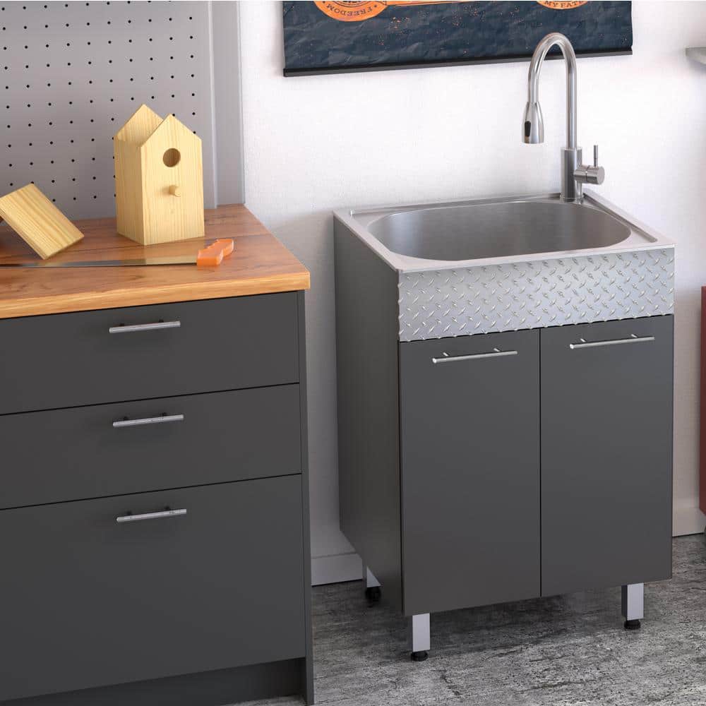 RUGGED TUB 24 in. Charcoal Utility Cabinet with Checker Plate Aluminum Apron