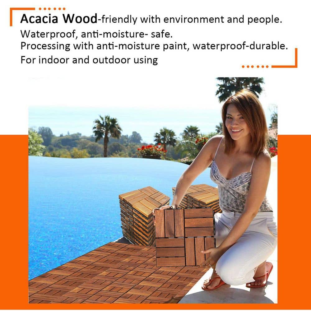 12 in. x 12 in. Square Acacia Wood Interlocking Flooring Tiles Checker Pattern in Brown(Pack of 10 Tiles)