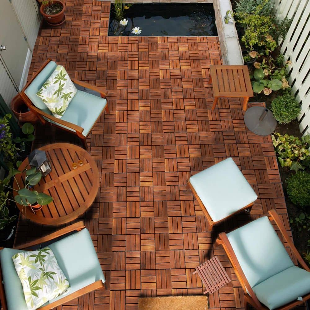 12 in. x 12 in. Square Acacia Wood Interlocking Flooring Tiles Checker Pattern in Brown(Pack of 10 Tiles)