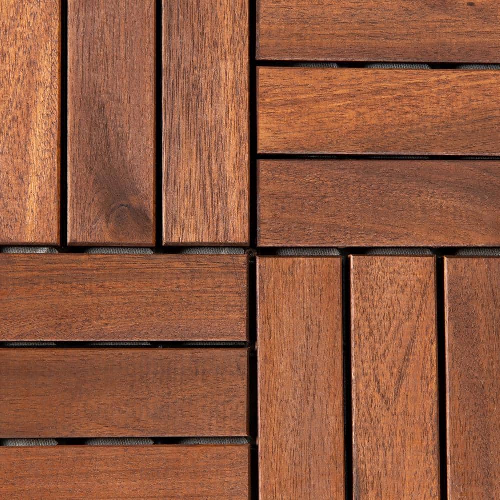 12 in. x 12 in. Square Acacia Wood Interlocking Flooring Tiles Checker Pattern in Brown(Pack of 10 Tiles)