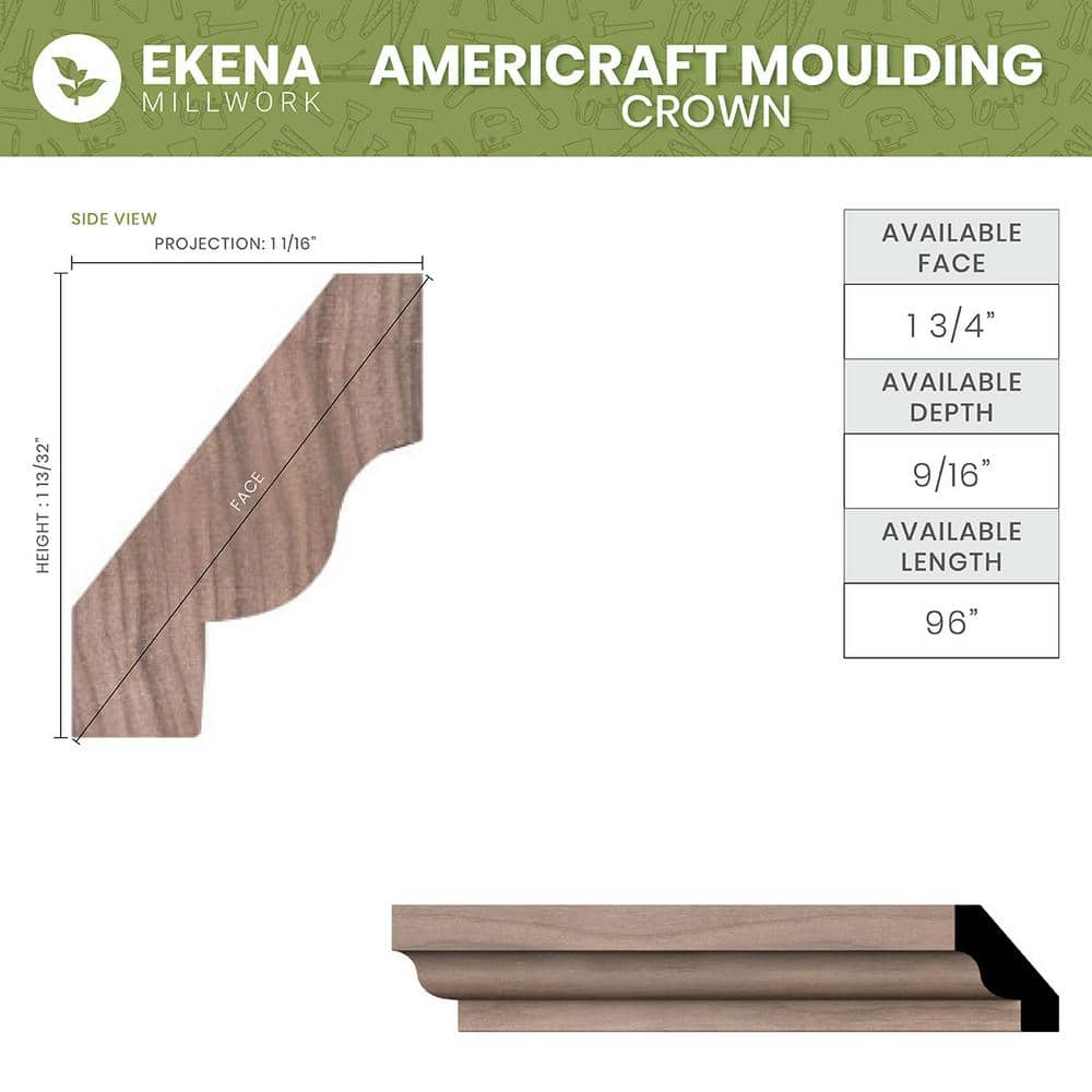 Ekena Millwork WM60 0.56 in. D x 1.75 in. W x 96 in. L Wood (Cherry) Crown Molding