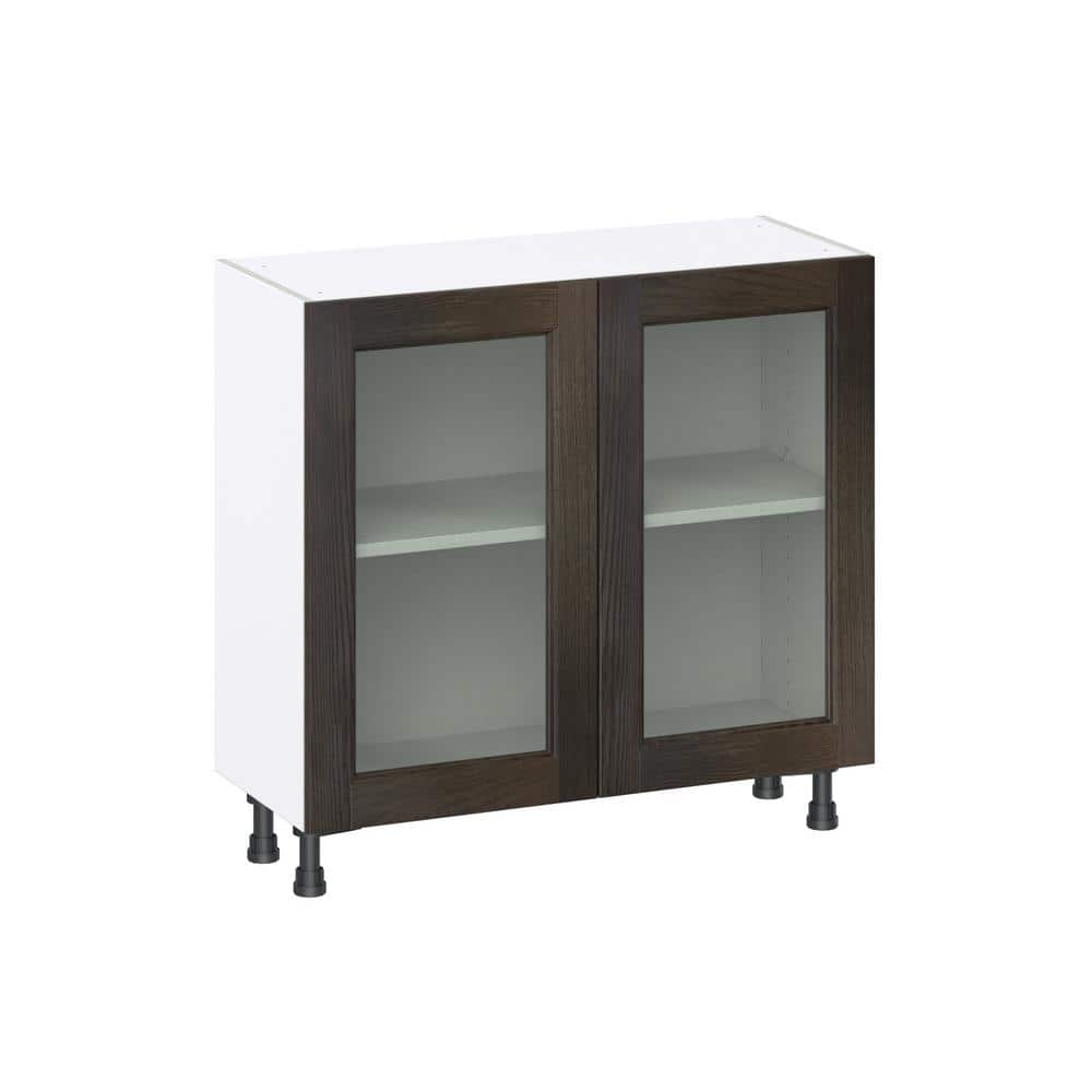 J COLLECTION Lincoln Chestnut Solid Wood Assembled Shallow Base Kitchen Cabinet with Glass Door (36 in. W x 34.5 in. H x 14 in. D)