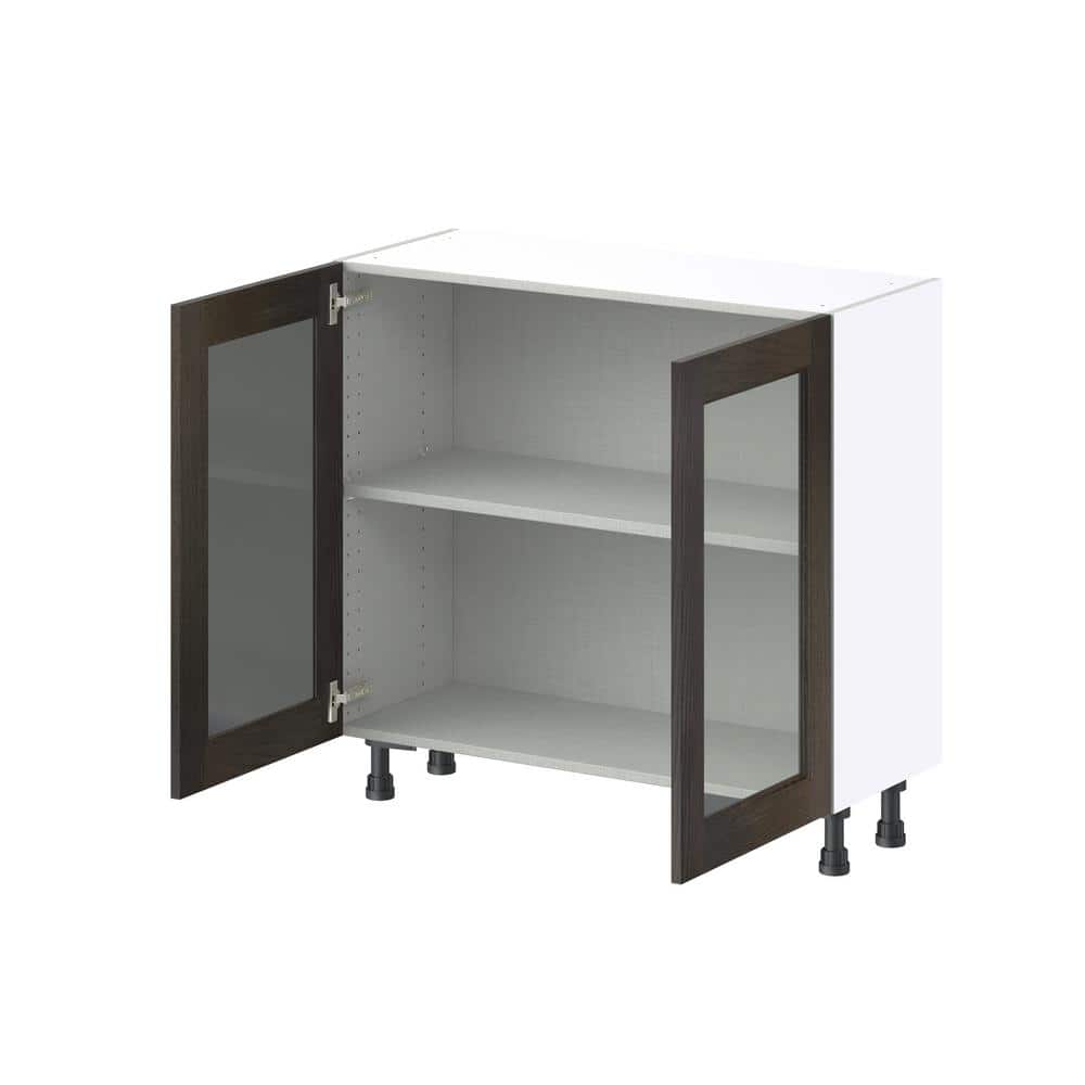 J COLLECTION Lincoln Chestnut Solid Wood Assembled Shallow Base Kitchen Cabinet with Glass Door (36 in. W x 34.5 in. H x 14 in. D)