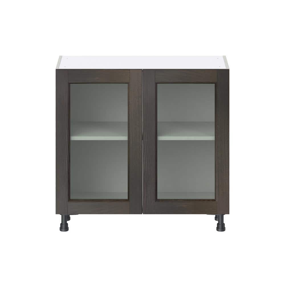 J COLLECTION Lincoln Chestnut Solid Wood Assembled Shallow Base Kitchen Cabinet with Glass Door (36 in. W x 34.5 in. H x 14 in. D)