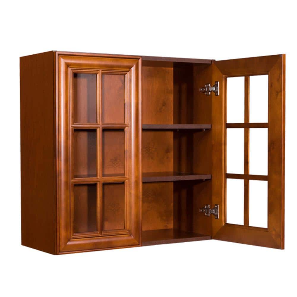 LIFEART CABINETRY Cambridge Assembled 27x30x12 in. Wall Mullion Door Cabinet with 2 Doors 2 Shelves in Chestnut