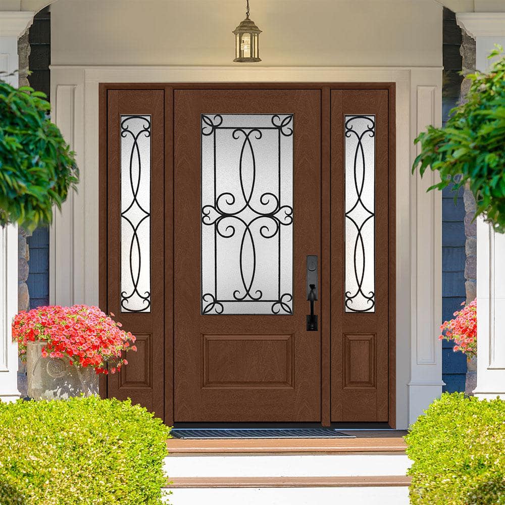 Steves & Sons Regency 64 in. x 80 in. 3/4 Lite Georgian Decorative Glass LH Inswing Chestnut Mahogany Fiberglass Prehung Front Door with 12 in. Sidelites