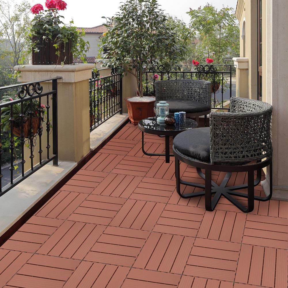 WRIGHTMASTER 0.98 ft. x 0.98 ft. Quick Deck PVC Plastic Interlocking Deck Tile in Chestnut (42 sq. ft. Per Box)
