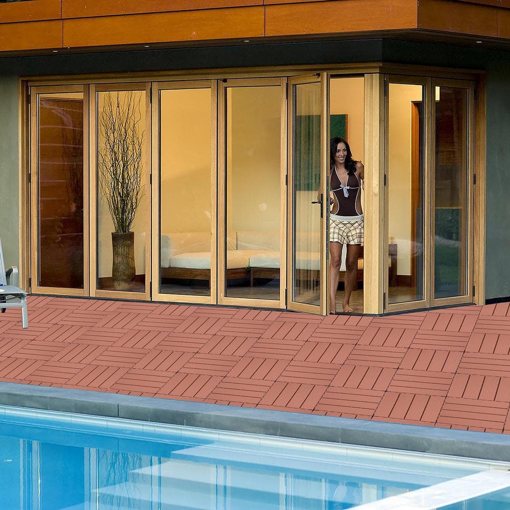 WRIGHTMASTER 0.98 ft. x 0.98 ft. Quick Deck PVC Plastic Interlocking Deck Tile in Chestnut (42 sq. ft. Per Box)
