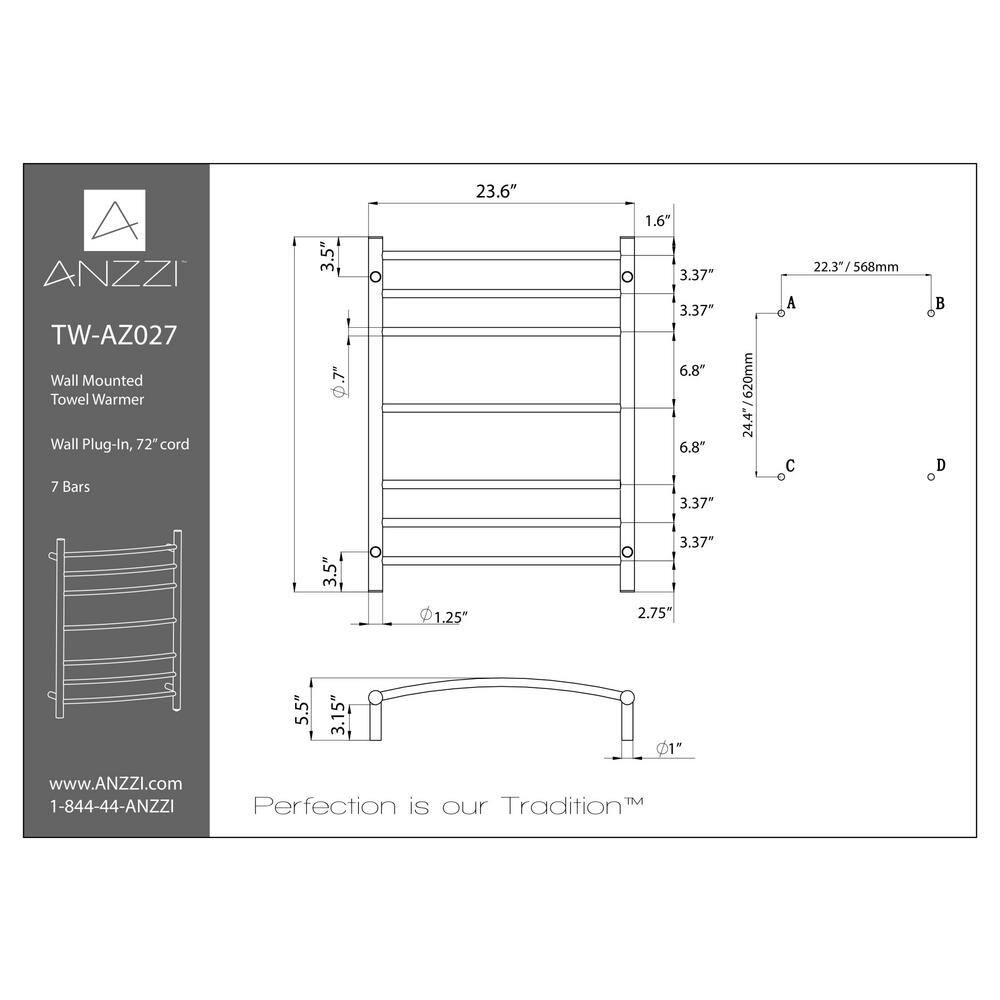 ANZZI Gown 7-Bar Electric Towel Warmer in Polished Chrome, 31.5 x 23.6 in