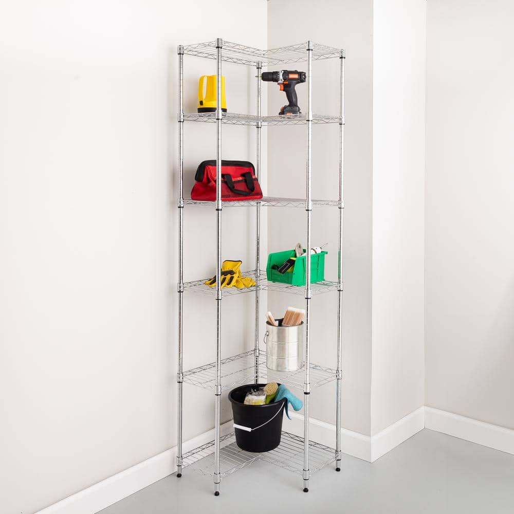 Honey Can Do Steel 20 in. W x 72 in. H x 10 in. D 6-Tier L Corner Space Saving Garage Storage Shelving Unit, Chrome