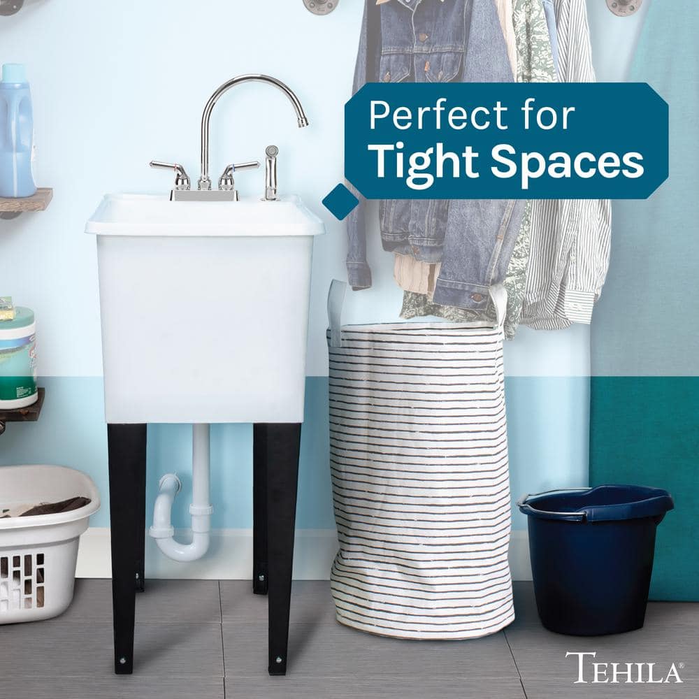 TEHILA 17.75 in. x 23.25 in. Thermoplastic Space Saver Utility Sink with Chrome Sprayer