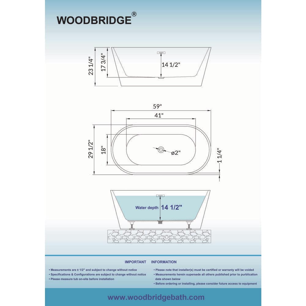WOODBRIDGE Archie 59 in. Acrylic FlatBottom Double-Ended Freestanding Bathtub with Oil-Rubbed Bronze Overflow and Drain, White