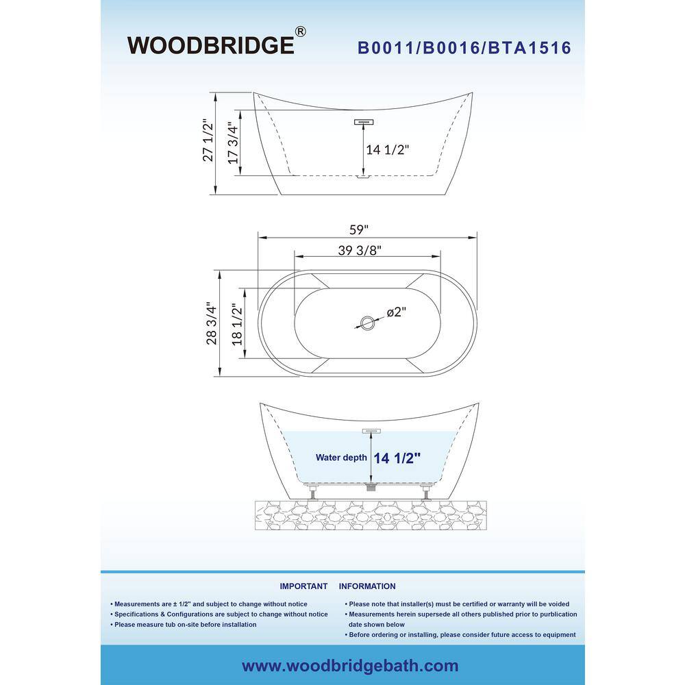 WOODBRIDGE Beauvais 59 in. Acrylic FlatBottom Double Slipper Bathtub with Polished Chrome Overflow and Drain, White