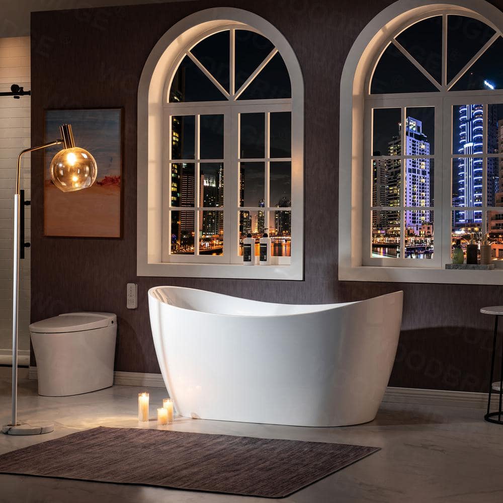 WOODBRIDGE Beauvais 59 in. Acrylic FlatBottom Double Slipper Bathtub with Polished Chrome Overflow and Drain, White