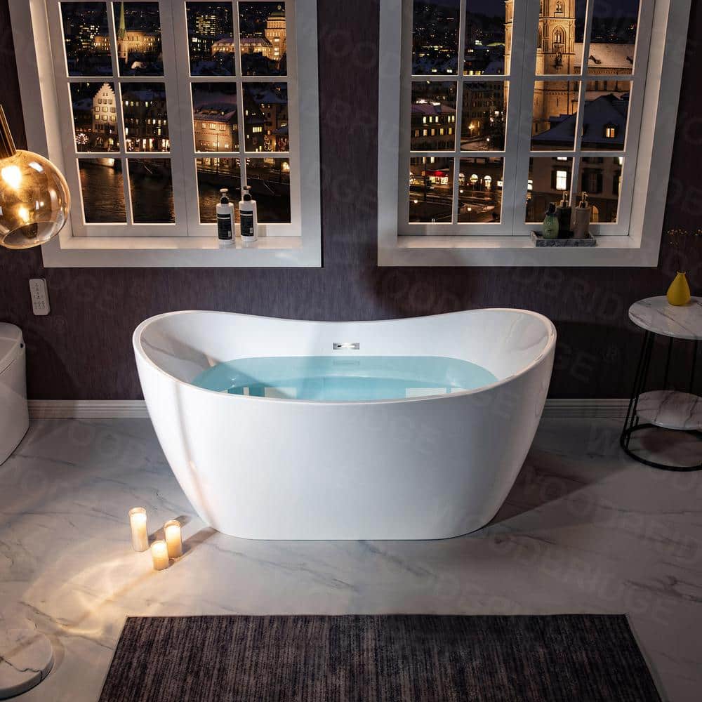 WOODBRIDGE Beauvais 59 in. Acrylic FlatBottom Double Slipper Bathtub with Polished Chrome Overflow and Drain, White
