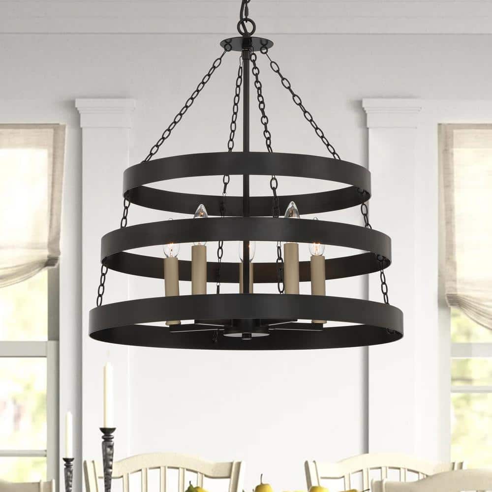 Vanity Art 5 -Light Candle Style Wagon Wheel Chandelier in Classic Black/Brass Dust