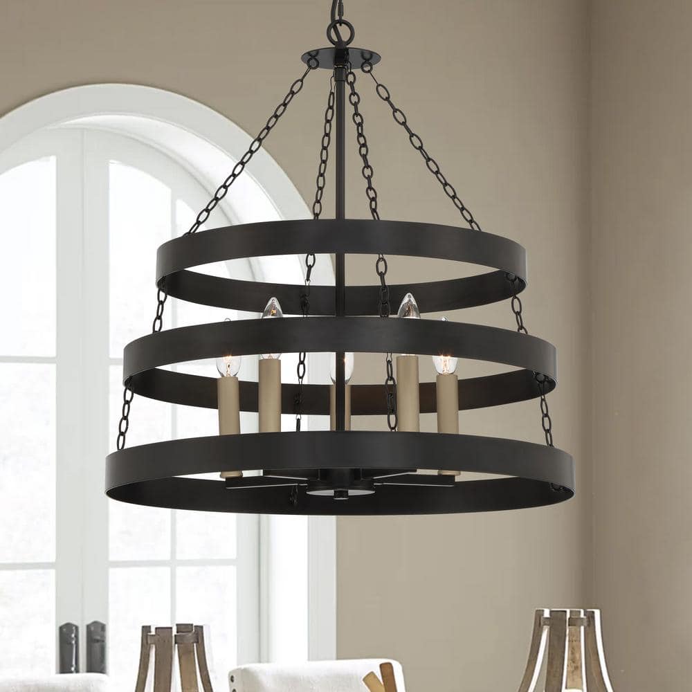 Vanity Art 5 -Light Candle Style Wagon Wheel Chandelier in Classic Black/Brass Dust