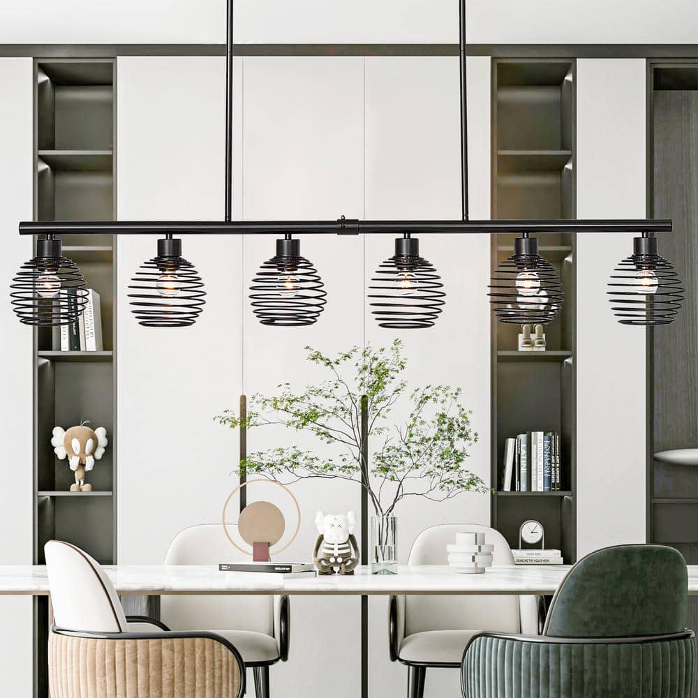 Vanity Art 60-Watt 6-Light Classic Black Shaded Globe Kitchen Island Linear Pendant Light with Metal Shade, No Bulbs Included