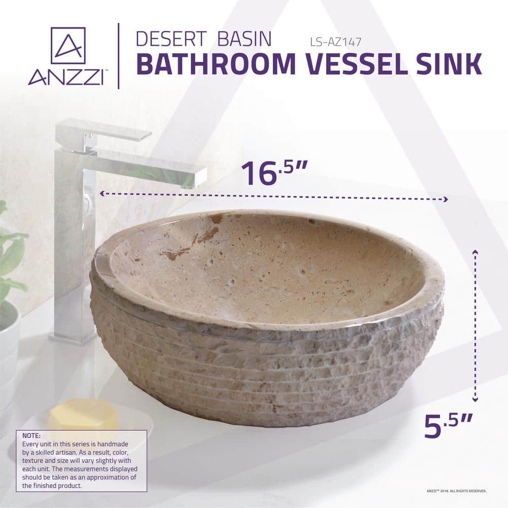 ANZZI Desert Basin Vessel Sink in Classic Cream Marble, 16.5 in. Round