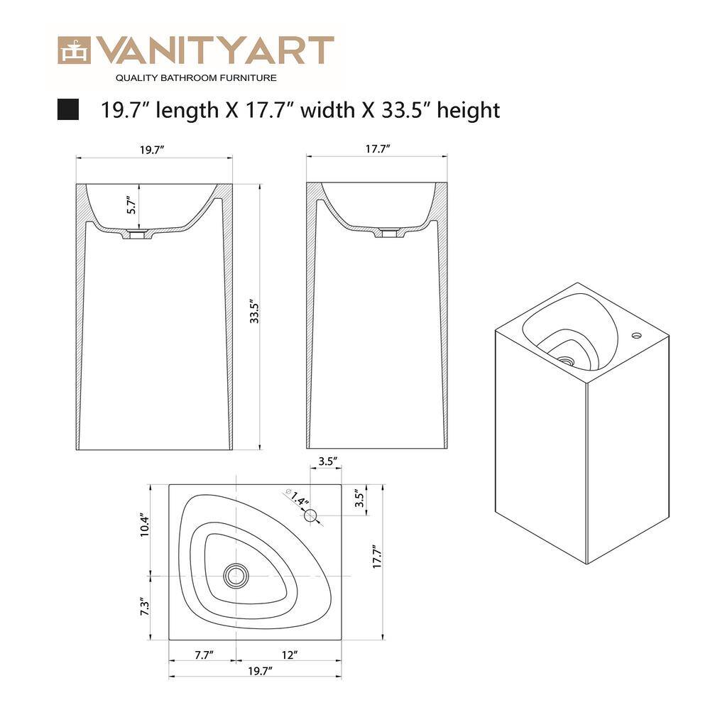 Vanity Art 20 in. L x 18 in. W x 33.5 in. H Stone Resin Transparent Freestanding Pedestal Sink Basin without Faucet Hole in Coffee