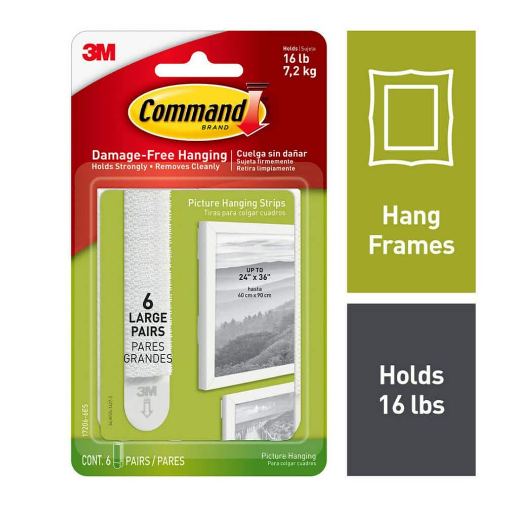 3M Command Large Picture Hanging Strips, White, 6 Pairs (Holds up to 16 lbs)