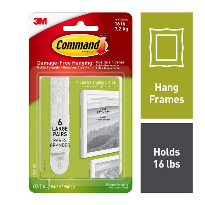 3M Command Large Picture Hanging Strips, White, 6 Pairs (Holds up to 16 lbs)
