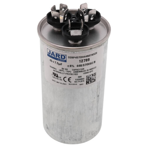 Trane CPT00669 capacitor - front view (Voltage: 440v; MFD: 45/7.5)